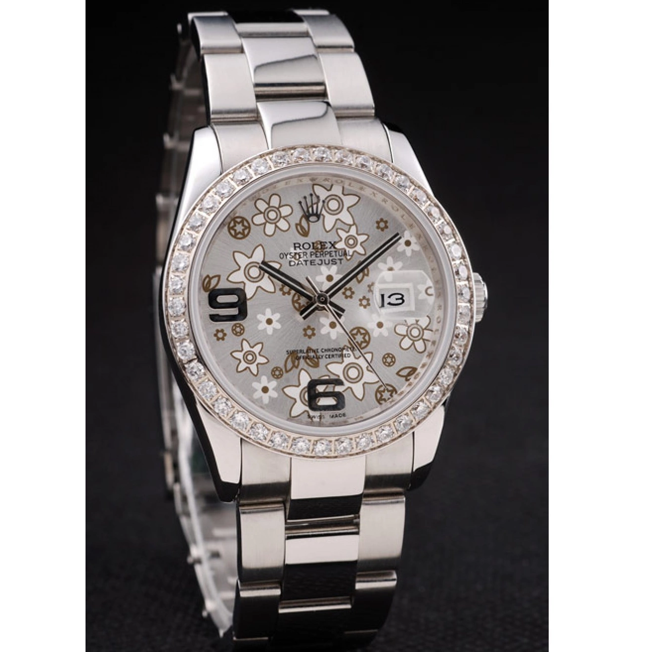 MiroTime 0806 Rolex Datejust Stainless Steel Silver Flowers Dial Diamond Plated rl305